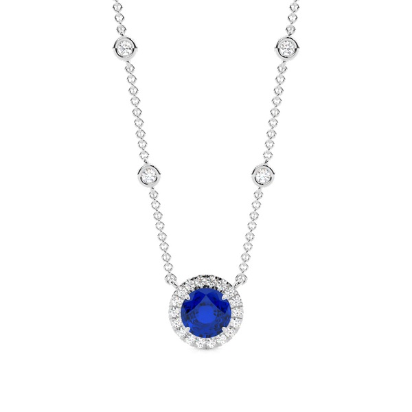 Blue Sapphire Halo Pendant with Diamond Chain