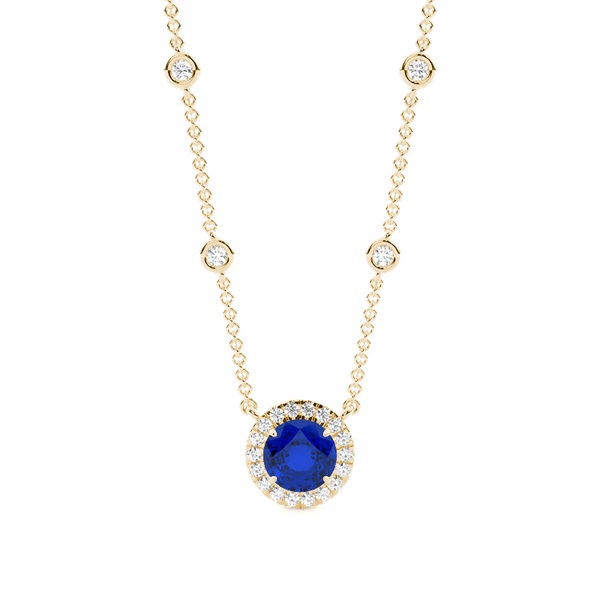 Blue Sapphire Halo Pendant with Diamond Chain