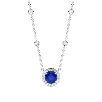 Blue Sapphire Halo Pendant with Diamond Chain