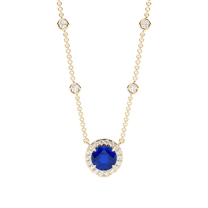 Blue Sapphire Halo Pendant with Diamond Chain