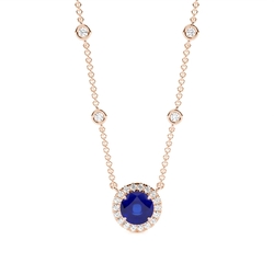 Blue Sapphire Halo Pendant with Diamond Chain