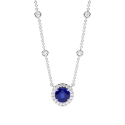 Blue Sapphire Halo Pendant with Diamond Chain