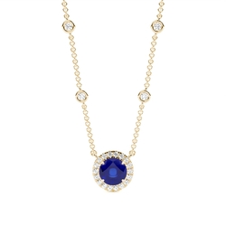 Blue Sapphire Halo Pendant with Diamond Chain