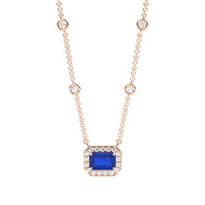 Blue Sapphire Halo Pendant with Diamond Chain