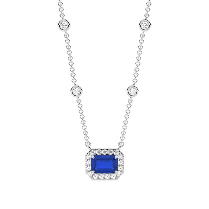 Blue Sapphire Halo Pendant with Diamond Chain
