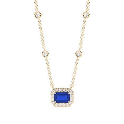 Blue Sapphire Halo Pendant with Diamond Chain