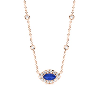 Blue Sapphire Halo Pendant with Diamond Chain