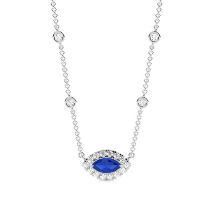 Blue Sapphire Halo Pendant with Diamond Chain