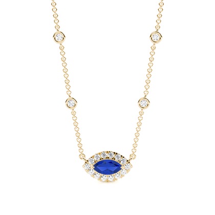 Blue Sapphire Halo Pendant with Diamond Chain