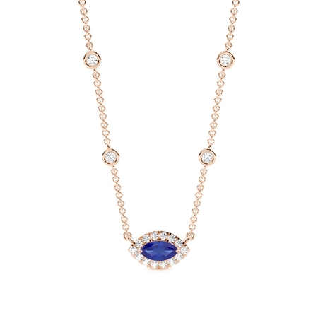 Blue Sapphire Halo Pendant with Diamond Chain