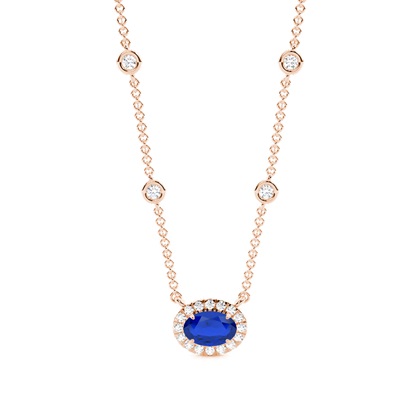 Blue Sapphire Halo Pendant with Diamond Chain