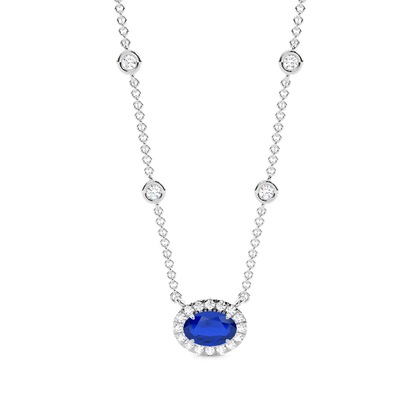 Blue Sapphire Halo Pendant with Diamond Chain