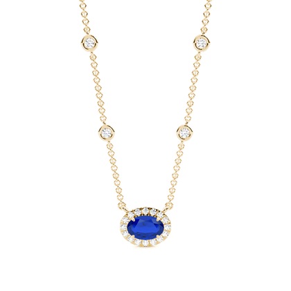 Blue Sapphire Halo Pendant with Diamond Chain