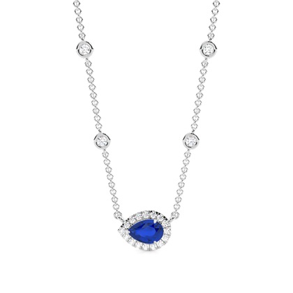 Blue Sapphire Halo Pendant with Diamond Chain