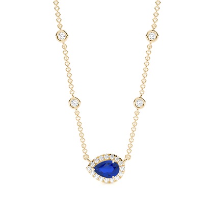 Blue Sapphire Halo Pendant with Diamond Chain