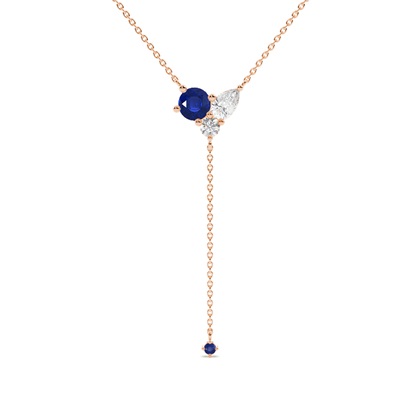 Blue sapphire and diamond cluster delicate lariate necklace