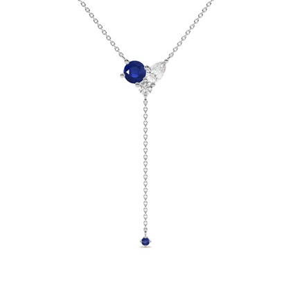Blue sapphire and diamond cluster delicate lariate necklace