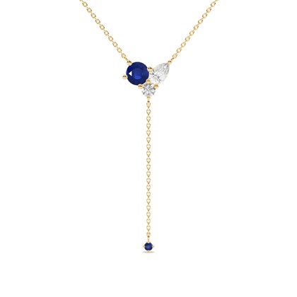 Blue sapphire and diamond cluster delicate lariate necklace