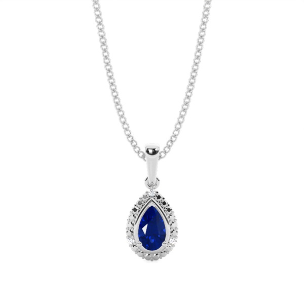 3 Prong Setting Pear Halo Blue Sapphire Pendant