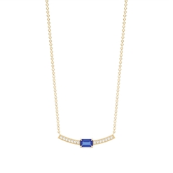 Emerald Shape blue sapphire and diamond delicate bar necklace
