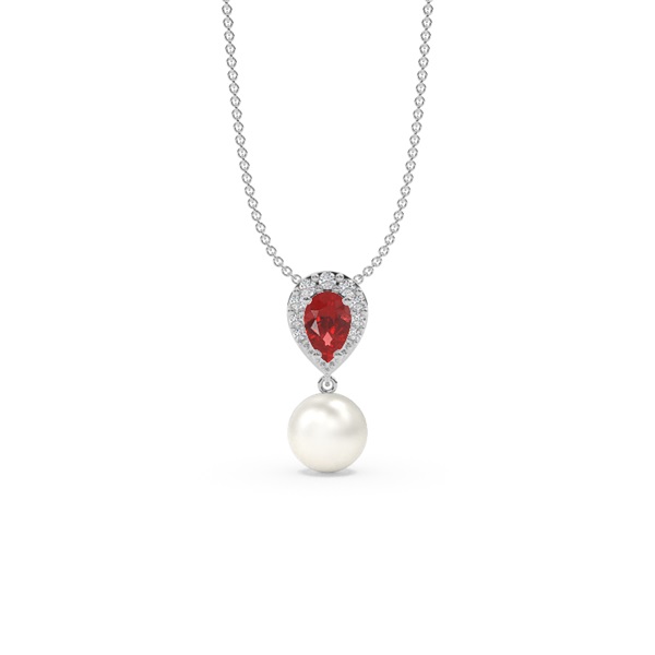 Freshwater Pearl And Pear Shaped Ruby Halo Pendant