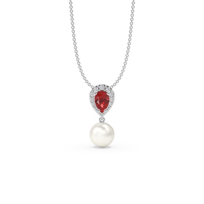 Freshwater Pearl And Pear Shaped Ruby Halo Pendant