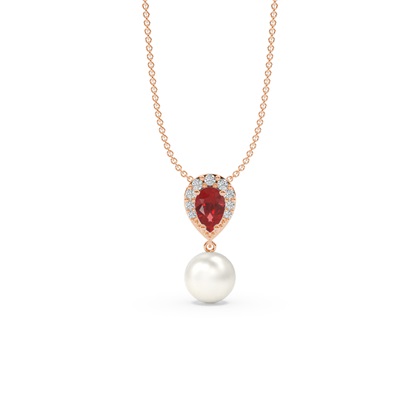 Freshwater Pearl And Pear Shaped Ruby Halo Pendant