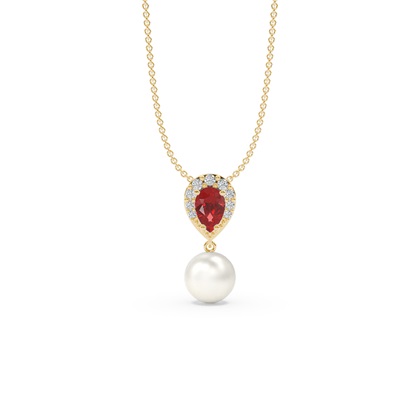 Freshwater Pearl And Pear Shaped Ruby Halo Pendant