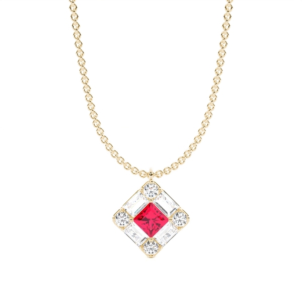 Mosaic Multi Shaped Diamond and Ruby Cluster Pendant