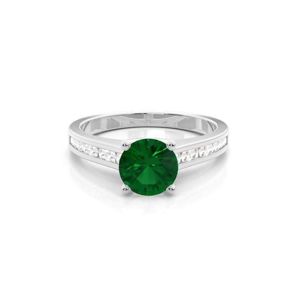 Side Stone Diamond With Round Emerald Engagement Ring