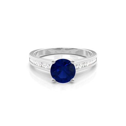 Side Stone Diamond With Round Blue Sapphire Engagement Ring