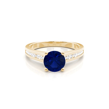 Side Stone Diamond With Round Blue Sapphire Engagement Ring