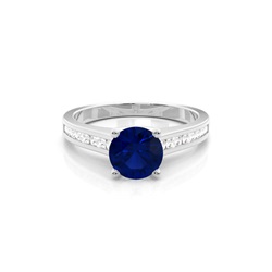 Side Stone Diamond With Round Blue Sapphire Engagement Ring