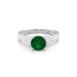 Side Stone Diamond With Round Emerald Engagement Ring