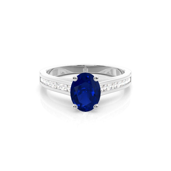 Side Stone Diamond With Oval Blue Sapphire Engagement Ring