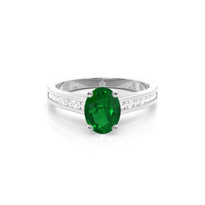 Side Stone Diamond With Oval Emerald Engagement Ring