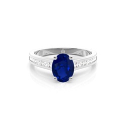 Side Stone Diamond With Oval Blue Sapphire Engagement Ring