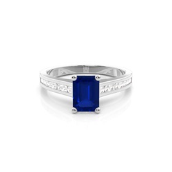 Side Stone Diamond With Emerald Blue Sapphire Engagement Ring