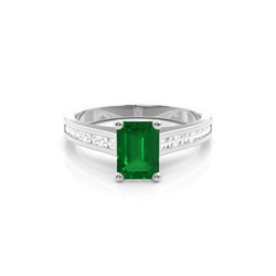 Side Stone Diamond With Emerald Shaped Emerald Engagement Ring