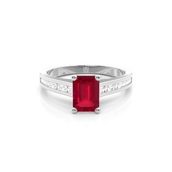 Side Stone Diamond With Emerald Shaped Ruby Engagement Ring
