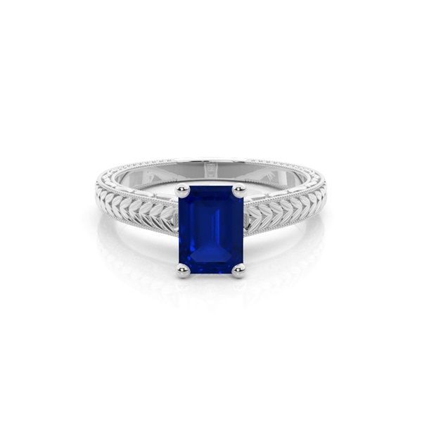 Emerald Shaped Blue Sapphire Vintage Diamond Engagement Ring