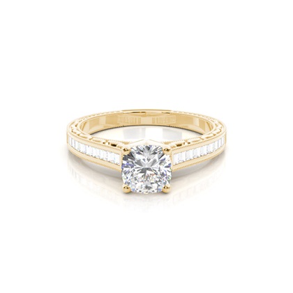 Cushion Yellow Gold Side Stone Diamond Engagement Rings