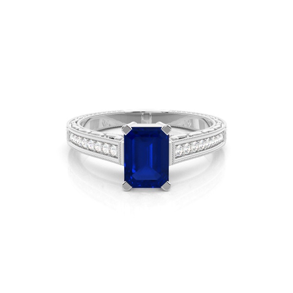 White Gold Emerald Vintage Blue Sapphire Engagement Ring
