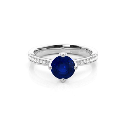 Side Stone Diamond Round Blue Sapphire Engagement Ring