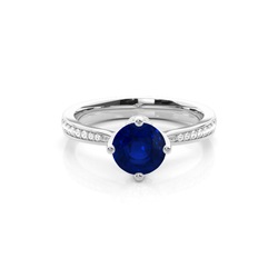 Side Stone Diamond Round Blue Sapphire Engagement Ring