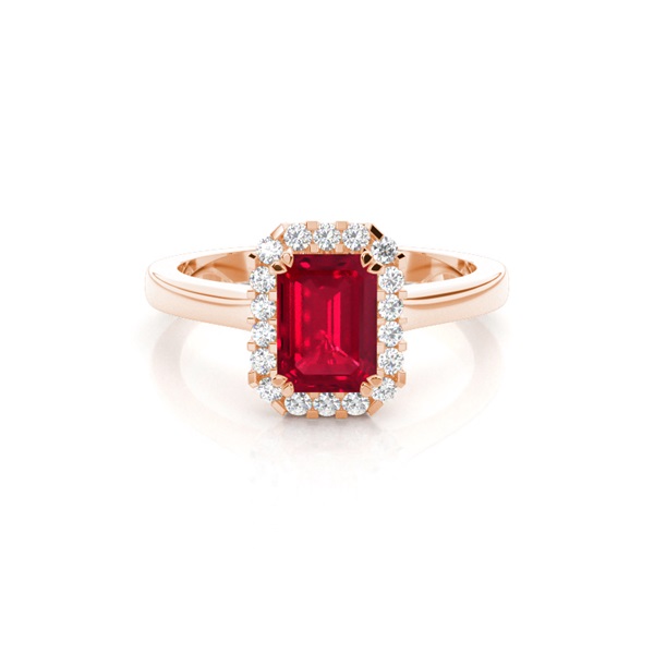 Halo Diamond Emerald Shaped Ruby Engagement Ring