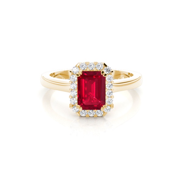Halo Diamond Emerald Shaped Ruby Engagement Ring