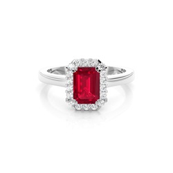 Halo Diamond Emerald Shaped Ruby Engagement Ring