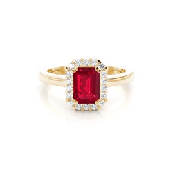Halo Diamond Emerald Shaped Ruby Engagement Ring