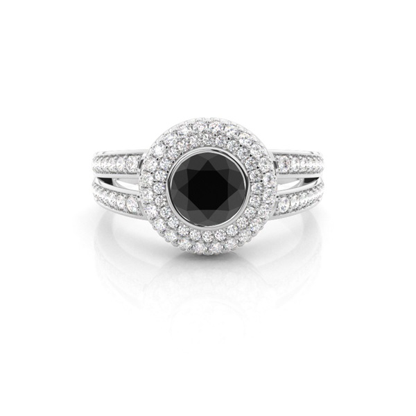Full Bezel Setting Side Stone Halo Black Diamond Ring